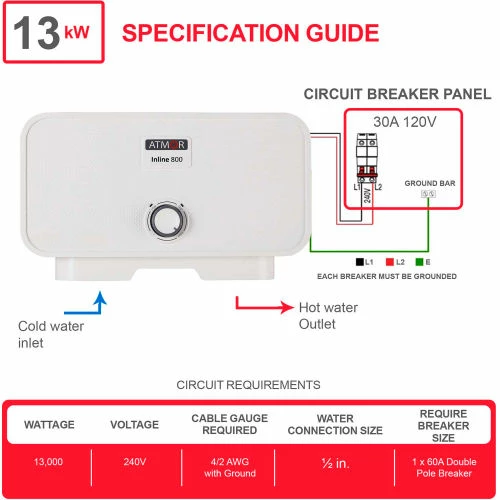 Atmor 800 240V 13 kW 2.25 GPM Point Of Use Tankless Electric Water Heater 9 Atmor 800 240V 13 kW 2.25 GPM Point Of Use Tankless Electric Water Heater - Image 7